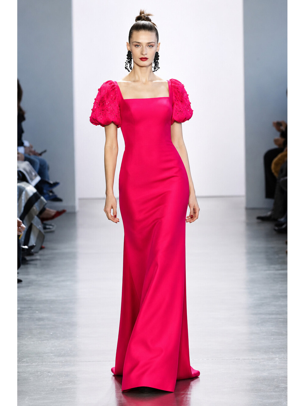 Badgley Mischka Magenta Pink Laser-Cut Pearl Puff Sleeve Column Gown Formal sz 4
